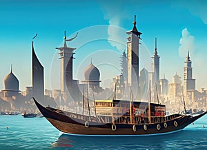 Arabic Dhow floating in seaport with city skyline, generative AI