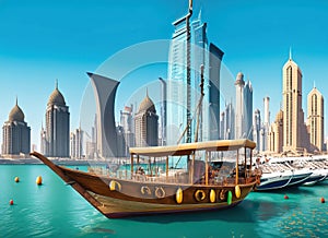 Arabic Dhow floating in seaport with city skyline, generative AI