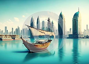 Arabic Dhow floating in seaport with city skyline, generative AI