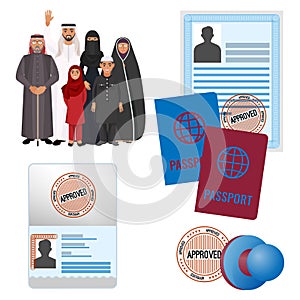 Arabic emigrats with approved by stamp documents and passports