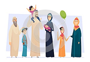 Arabic family. Male and female muslim happy persons father mother kids and elders seniors vector saudi people