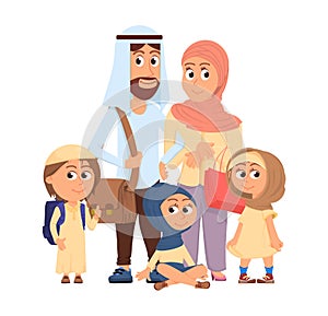 Arabic family. Saudi teenager, arabian father mother and children. Cartoon muslim characters, traditional boy girl man