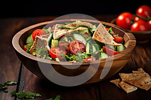 Arabic fattoush salad fattoosh turkish wooden background in bowl