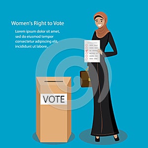 Arabic female with voting sheet and ballot box,women`s rights concept