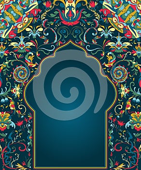 Arabic floral arch. Traditional islamic ornament. Mosque decoration design  element. Design template for greeting card, banner, po