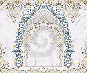 Arabic floral arch. Traditional islamic ornament on white marble background. Mosque decoration design element.