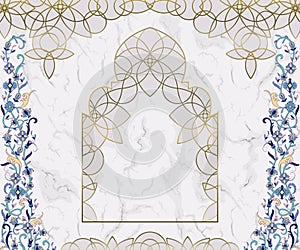 Arabic floral arch. Traditional islamic ornament on white marble background. Mosque decoration design element.