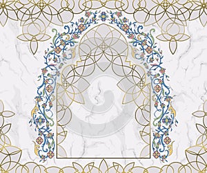Arabic floral arch. Traditional islamic ornament on white marble background. Mosque decoration design element. photo
