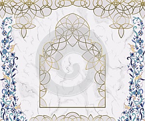 Arabic floral arch. Traditional islamic ornament on white marble background. Mosque decoration design element. photo
