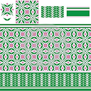 Arabic flower leaf symmetry pink green seamless pattern