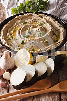 Arabic food baba ghanoush close-up on the plate and ingredients.