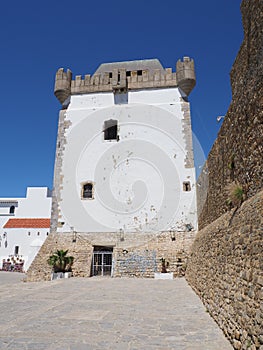 Arabic fort tower in african medina of small Asilah town in Morocco - vertical