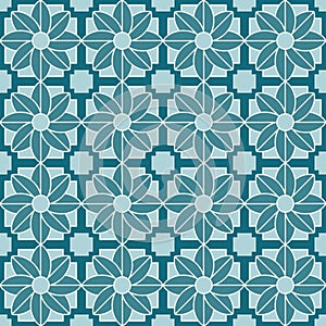 Arabic geometric mosaic printable seamless pattern with abstract Moroccan print in blue and orange colors. Ramadan