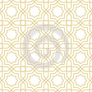 Arabic geometric mosaic printable seamless pattern with abstract Moroccan print in blue and orange colors. Ramadan