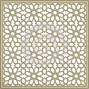 Arabic girih geometric white gold pattern. Wall screen Islamic, 3d grill. Artistic metal casting. Illustration photo