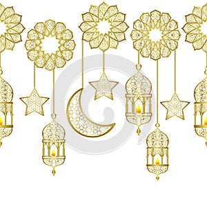 Arabic golden lantern seamless border