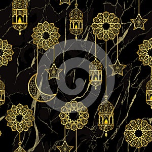 Arabic golden lantern seamless pattern