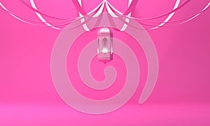 Arabic hanging lantern with ribbon on pink pastel background.