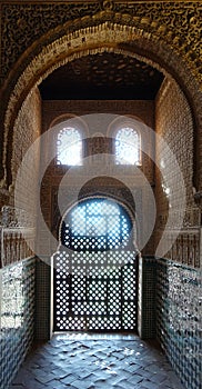 Arabic interiors in the Nasrid Palace of the Alhambra palace complex in Granada