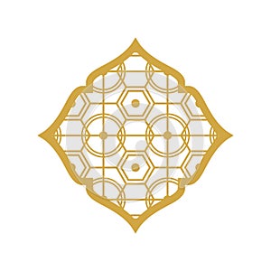 Arabic islamic pattern arch frame. Islamic golden frame shapes. Ramadan window with ornament. Vector oriental decoration design.