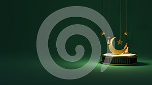 Arabic Islamic social media post - luxury ornaments and decorations on the dark green background, Crescent with 3d podium.