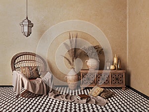 Arabic,Islamic style interior.Rattan chair,table,lamp,dried flowers vases with brown wall and patterned floor tile.