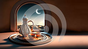 Arabic Jug With Bowls On Plate And Crescent Moon Inside Window. Islamic Religious Concept