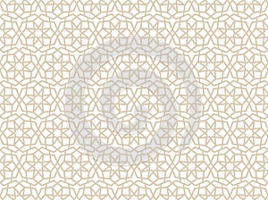 Arabic lace seamless pattern with stars in beige colors. Traditional Islamic girih tiles. Vector Illustration. Background for