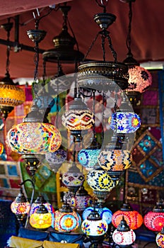 Arabic lamps and lanterns in market photo