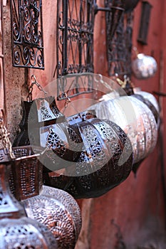 Arabic lamps on walls, bazaar, in souk photo