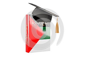 Arabic language textbook with graduation cap. Learn Arabic language, classes. 3D rendering