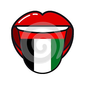 Arabic language tongue with flag United Arab Emirates open woman mouth