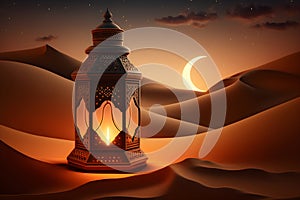Arabic lantern with burning candle shining at night, moon above the sandy desert, Ramadan, Generative AI 1
