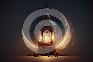 Arabic lantern with burning candle shining at night, moon over sandy desert, Ramadan, Generative AI 8