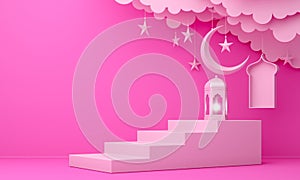 Arabic lantern, cloud, crescent moon star, steps and window on pink pastel background.