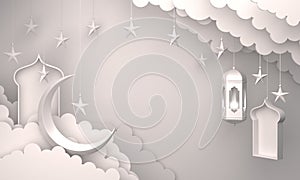 Arabic lantern, cloud, crescent star, window on white background copy space text.