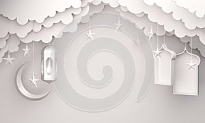 Arabic lantern, cloud, crescent star, window on white background copy space text.
