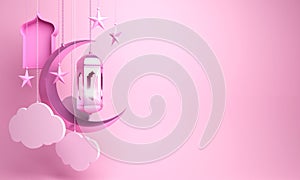 Arabic lantern, crescent, cloud, star, window on pink pastel background.