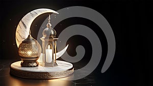 arabic lantern with crescent moon night scene ramadan background, ai generated