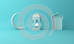 Arabic lantern, crescent moon, window on blue pastel background copy space text.