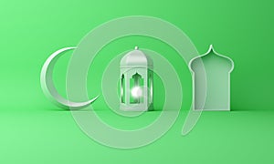 Arabic lantern, crescent moon, window on green pastel background copy space text.
