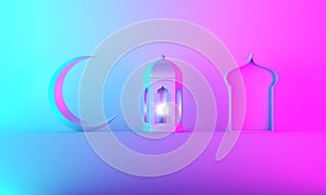 Arabic lantern, crescent moon, window on pink blue gradient background copy space text