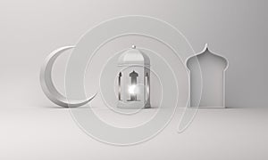 Arabic lantern, crescent moon, window on white background copy space text.