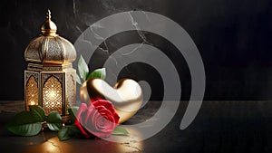 arabic lantern, gold heart and a red rose ramadan background, ai generated