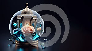 arabic lantern with majectic blue crystal and peach rose banner background,ai generated