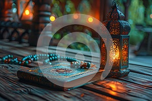 Arabic lantern and Quran on a table with intricate design, evoking a sense of tradition and devotion. Card for an