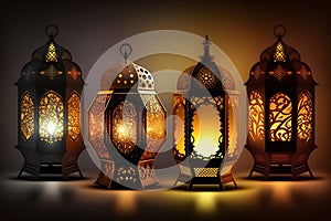 Arabic lanterns with burning candles shining at night on a dark background Ramadan, Generative AI 2