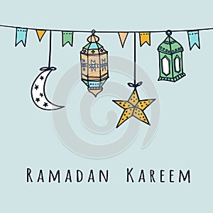 Arabic lanterns, flags, moon and stars, Ramadan illustration