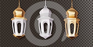 Arabic lanterns realistic set of hanging. Islamic Realistic traditional Muslim symbols of Ramadan Mubarak fanout