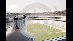 Arabic man looking out the window of a large modern football stadium